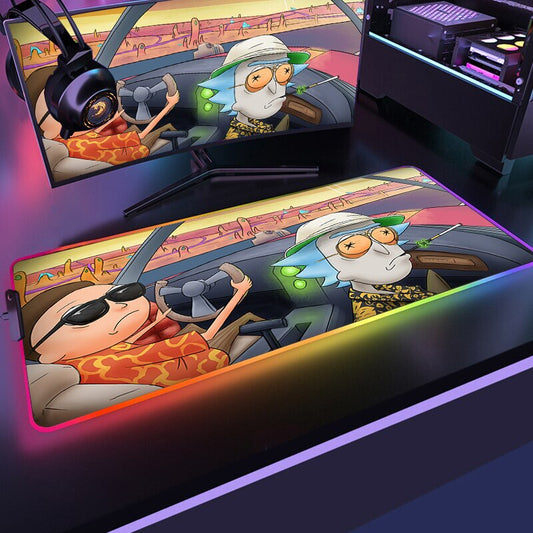 RGB Mouse Pad Rick Doctor and Modi Adventure Desk Protector Gamer Keyboard Mousepad Cartoon Gaming Pc Accessories Backlit Mat