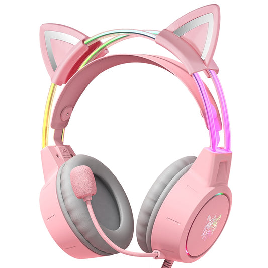 Pink Cat Ear Headphones with RGB LED Light Gaming Girl Headset