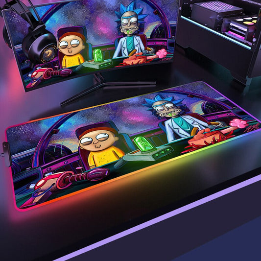 RGB Mouse Pad Rick Doctor and Modi Adventure Desk Protector Gamer Keyboard Mousepad Cartoon Gaming Pc Accessories Backlit Mat