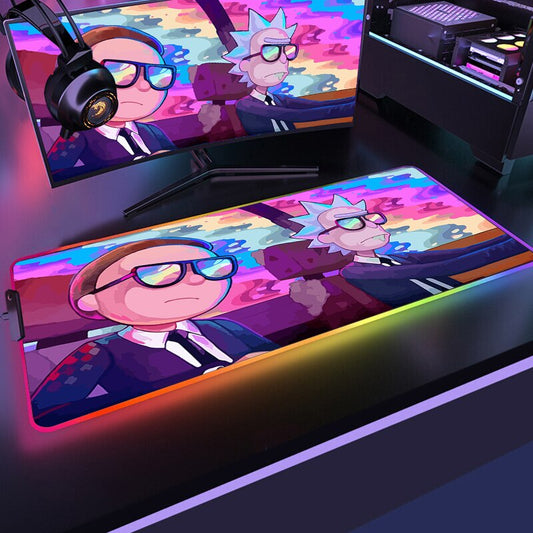 RGB Mouse Pad Rick Doctor and Modi Adventure Desk Protector Gamer Keyboard Mousepad Cartoon Gaming Pc Accessories Backlit Mat