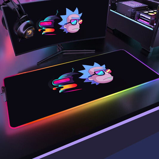 RGB Mouse Pad Rick Doctor and Modi Adventure Desk Protector Gamer Keyboard Mousepad Cartoon Gaming Pc Accessories Backlit Mat