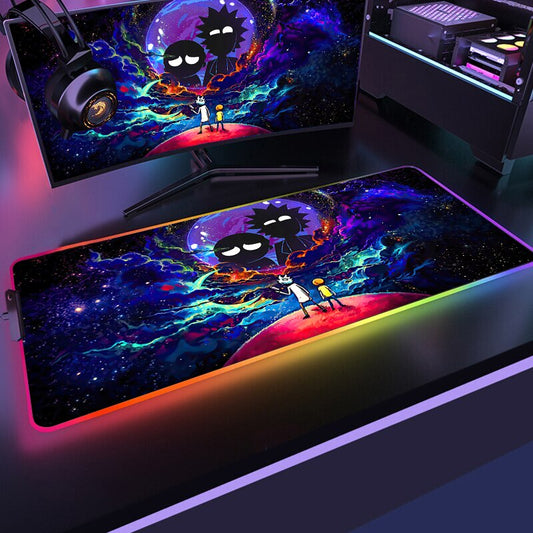 RGB Mouse Pad Rick Doctor and Modi Adventure Desk Protector Gamer Keyboard Mousepad Cartoon Gaming Pc Accessories Backlit Mat